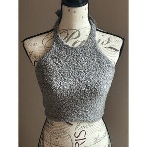 New Skims Women's Fuzzy Knit Teddy Backless Halter Tank Top Grey Size S/M NWT